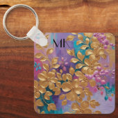 Gouden bloemen geschilderd op roze Lila turkoois Sleutelhanger (Voorkant)