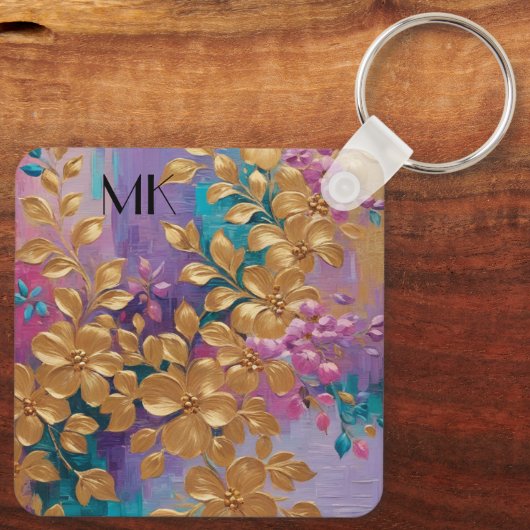 Gouden bloemen geschilderd op roze Lila turkoois Sleutelhanger (Achterkant)