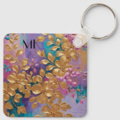 Gouden bloemen geschilderd op roze Lila turkoois Sleutelhanger (Achterkant)