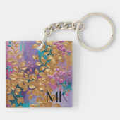 Gouden bloemen geschilderd op roze Lila turkoois Sleutelhanger (Achterkant)