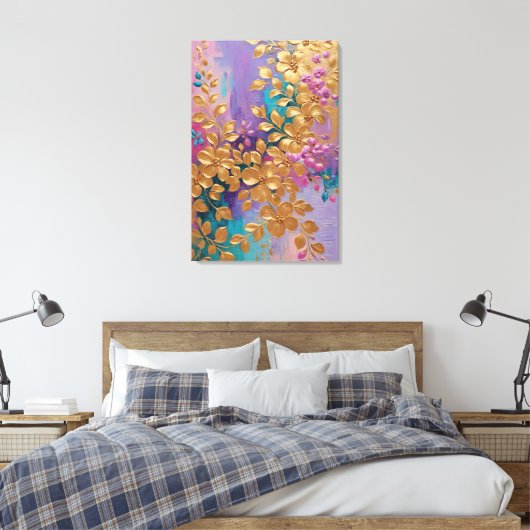 Gouden Bloemen Geschilderd Op Roze Lila Turquoise Canvas Afdruk (Insitu (Slaapkamer))
