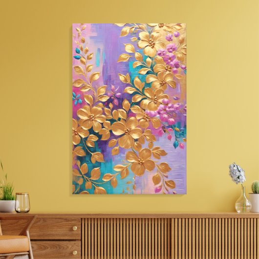 Gouden Bloemen Geschilderd Op Roze Lila Turquoise Canvas Afdruk (Insitu (Woonkamer))