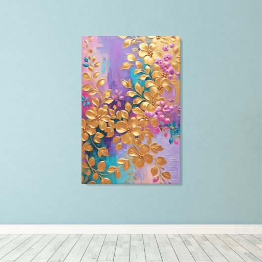 Gouden Bloemen Geschilderd Op Roze Lila Turquoise Canvas Afdruk (Insitu (Houten vloer))