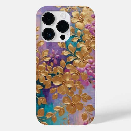 Gouden Bloemen Geschilderd Op Roze Lila Turquoise Case-Mate iPhone Case (Achterkant)