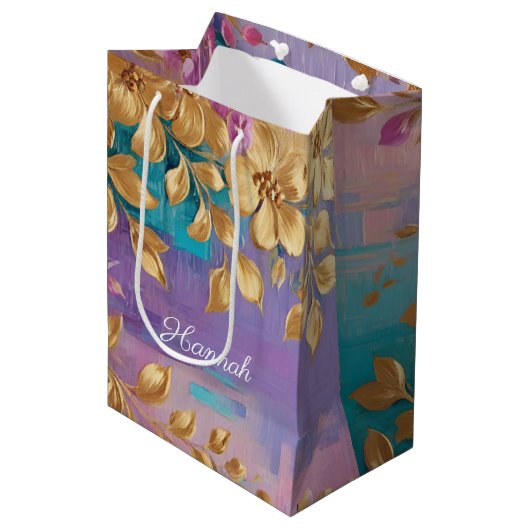 Gouden Bloemen Geschilderd Op Roze Lila Turquoise Medium Cadeauzakje (Voorkant Gekanteld)