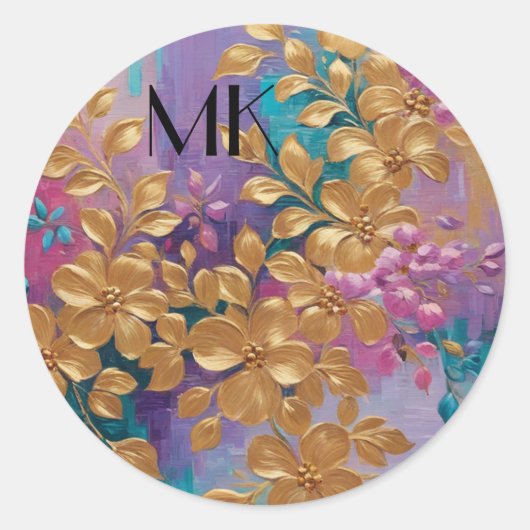 Gouden Bloemen Geschilderd Op Roze Lila Turquoise Ronde Sticker (Voorkant)