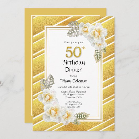 Gouden Bloemen Gestreepte 50e Verjaardag Dinner Pa Kaart (Voorkant / Achterkant)