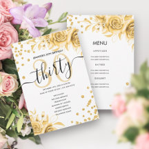 Gouden Bloemen Glitter 30e Verjaardag Menu & Progr