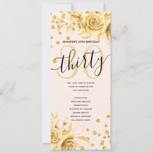 Gouden Bloemen Glitter 30e Verjaardag Programma's Kaart (Voorkant)