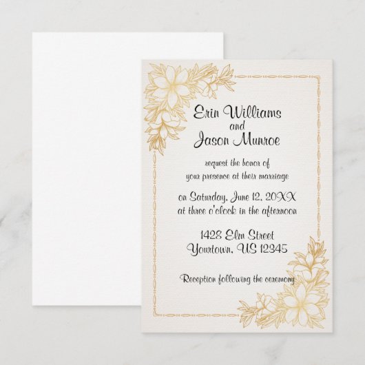 Gouden Bloemen Grens Huwelijksuitnodiging Kaart (Voorkant / Achterkant)