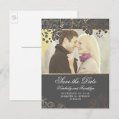 Gouden Bloemen Grijs Foto Sla de Datum op Aankondigingskaart (Voorkant / Achterkant)