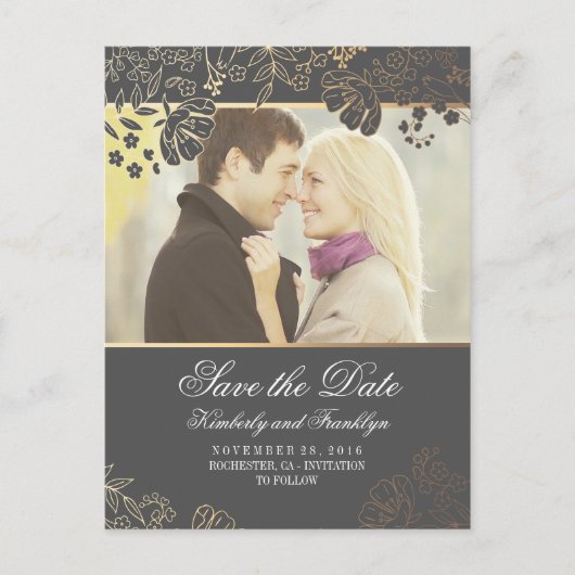 Gouden Bloemen Grijs Foto Sla de Datum op Aankondigingskaart (Voorkant)