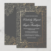 Gouden Bloemen Grijs Vintage Huwelijksuitnodiging Kaart (Voorkant / Achterkant)