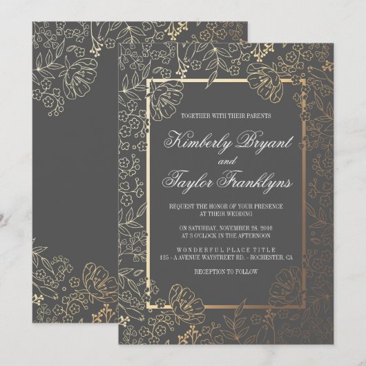 Gouden Bloemen Grijs Vintage Huwelijksuitnodiging Kaart (Voorkant / Achterkant)