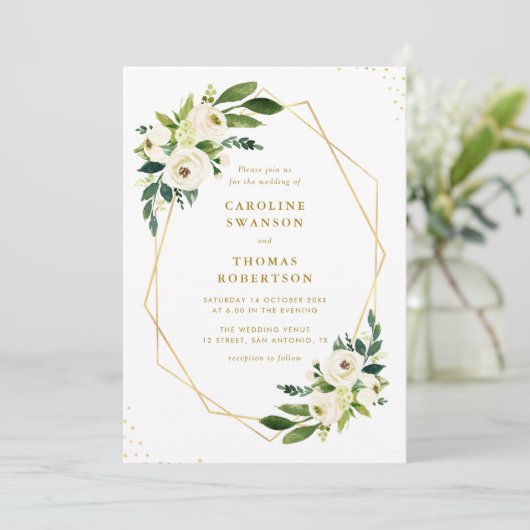 Gouden Bloemen Groen Bruiloft Kaart (Staand voorkant)