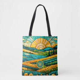 Gouden Bloemen Groen Platteland Nep Gebrandschilde Tote Bag