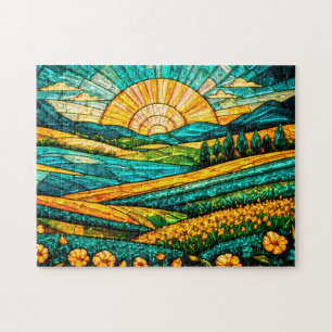 Gouden Bloemen Groen Platteland Nep Glas-in-Lood Legpuzzel