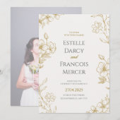 Gouden Bloemen Huwelijksuitnodiging, Elegante Klas Kaart (Voorkant / Achterkant)