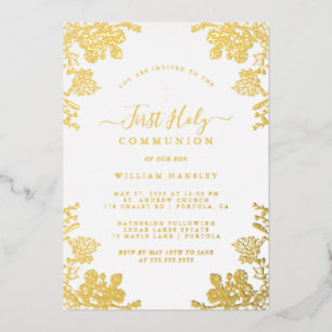 Gouden Bloemen  Jongens Eerste Communie Folie Uitnodiging