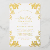 Gouden Bloemen  Jongens Eerste Communie Folie Uitnodiging (Voorkant)