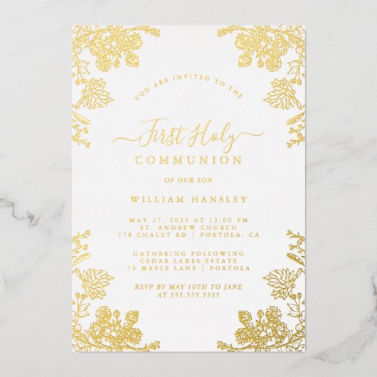 Gouden Bloemen Jongens Eerste Communie Folie Uitnodiging (Voorkant)
