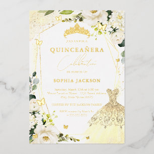 Gouden Bloemen Jurk quinceanera Folie Invitation Folie Uitnodiging