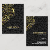 Gouden Bloemen Kant & Zwarte Damasks Achtergrond Visitekaartje (Voorkant / Achterkant)