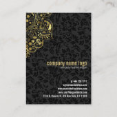 Gouden Bloemen Kant & Zwarte Damasks Achtergrond Visitekaartje (Achterkant)