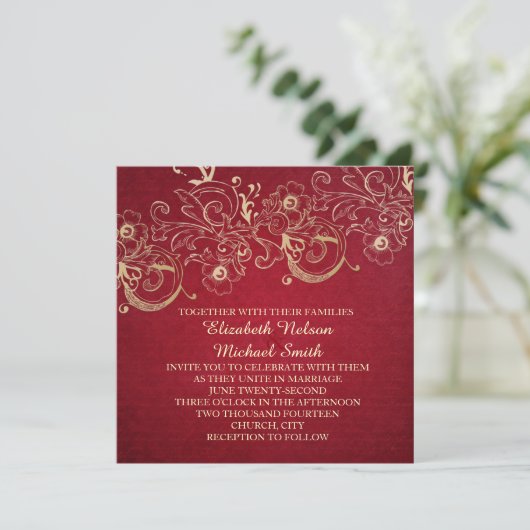 Gouden Bloemen Kerstmis Bruiloft Uitnodigen Kaart (Staand voorkant)