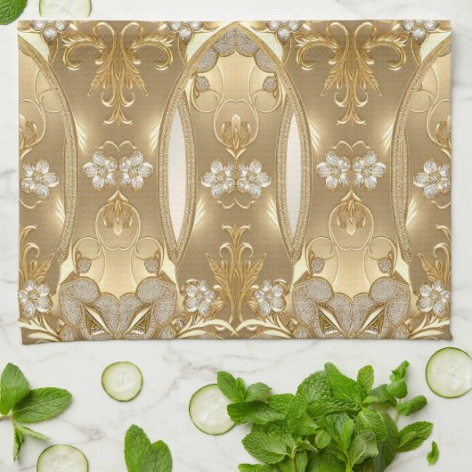 Gouden Bloemen Keuken Handdoeken (Gevouwen)