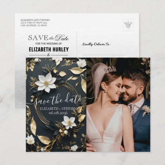 Gouden Bloemen Krans Trouwfoto Save the Date Aankondigingskaart (Voorkant / Achterkant)