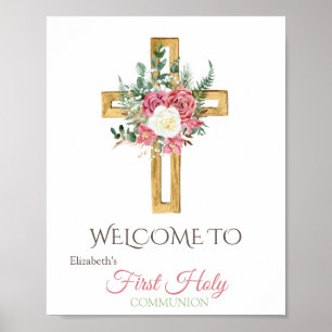 Gouden Bloemen Kruis Eerste Heilige Communie Poster