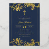 Gouden Bloemen Kruis Marine Jongens Eerste Communi Folie Uitnodiging (Voorkant)