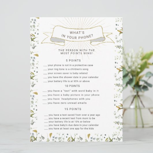 Gouden Bloemen Letters baby shower Telefoon Game C Kaart (Staand voorkant)