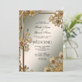 Gouden  Bloemen Lijst Huwelijksuitnodiging Kaart (Staand voorkant)