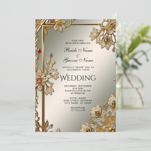 Gouden  Bloemen Lijst Huwelijksuitnodiging Kaart (Staand voorkant)