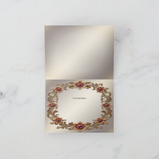 Gouden Bloemen Lijst met Rode Stenen Bedankkaart (Binnen)