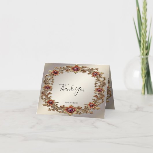 Gouden Bloemen Lijst met Rode Stenen Bedankkaart (Voorkant)