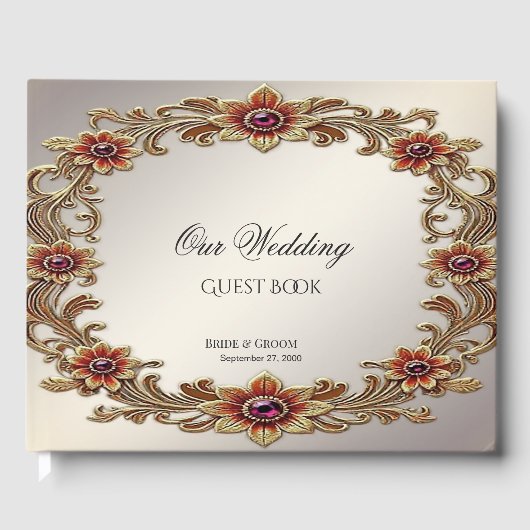 Gouden Bloemen Lijst met Rode Stenen Gastboek Gastenboek (Voorkant)