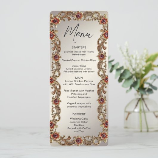 Gouden Bloemen Lijst met Rode Stenen Menu (Staand voorkant)