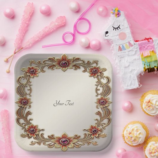 Gouden Bloemen Lijst met Rode Stenen Papier Bord (Feest)