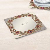 Gouden Bloemen Lijst met Rode Stenen Papier Onderz Kartonnen Onderzetters (Schuin)