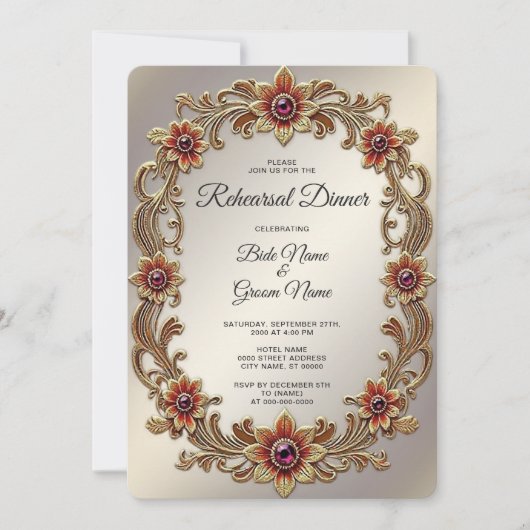 Gouden Bloemen Lijst met Rode Stenen Repetitie Din Kaart (Voorkant)