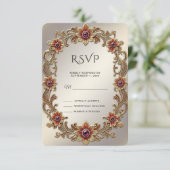 Gouden Bloemen Lijst met Rode Stenen RSVP Kaart (Staand voorkant)