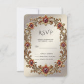 Gouden Bloemen Lijst met Rode Stenen RSVP Kaart (Voorkant)