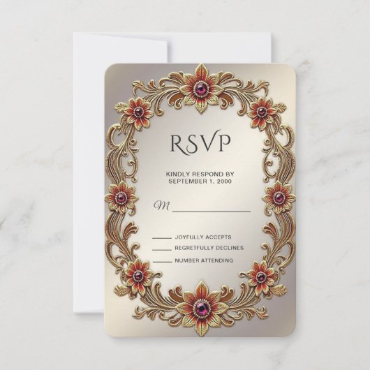 Gouden Bloemen Lijst met Rode Stenen RSVP Kaart (Voorkant)