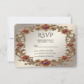 Gouden Bloemen Lijst met Rode Stenen RSVP Kaart (Voorkant)