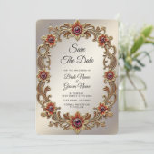 Gouden Bloemen Lijst met Rode Stenen Save the Date (Staand voorkant)