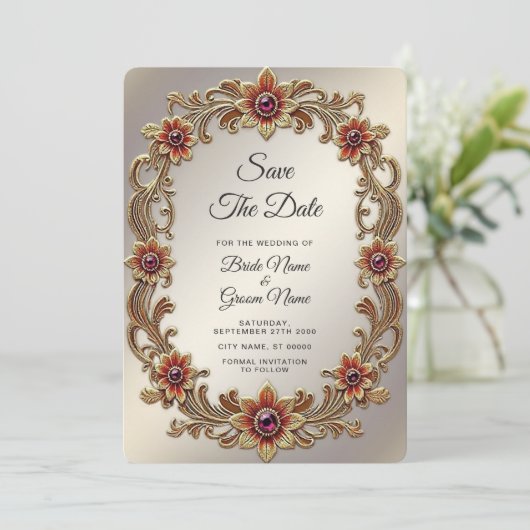 Gouden Bloemen Lijst met Rode Stenen Save the Date (Staand voorkant)