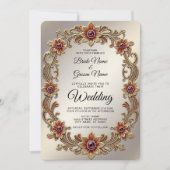 Gouden Bloemen Lijst met Rode Stenen Trouwen Kaart (Voorkant)